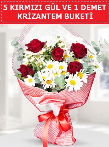 5 adet k�rm�z� g�l ve krizantem buketi Ankara Taurus AVM �i�ek�iler �i�ek sat���