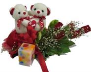 5 adet kirmizi g�l , oyuncak ve mum hediyeligi