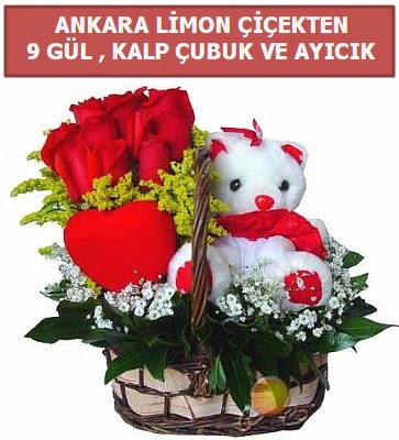 Kalp �ubuk sepette 9 g�l ve ay�c�k Ankara Ankamall AVM �i�ek�i telefonlar� 