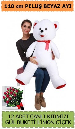 110 cm beyaz kocaman pelu� ay� ve 12 g�l Panora AVM Ankara �i�ek g�nderme